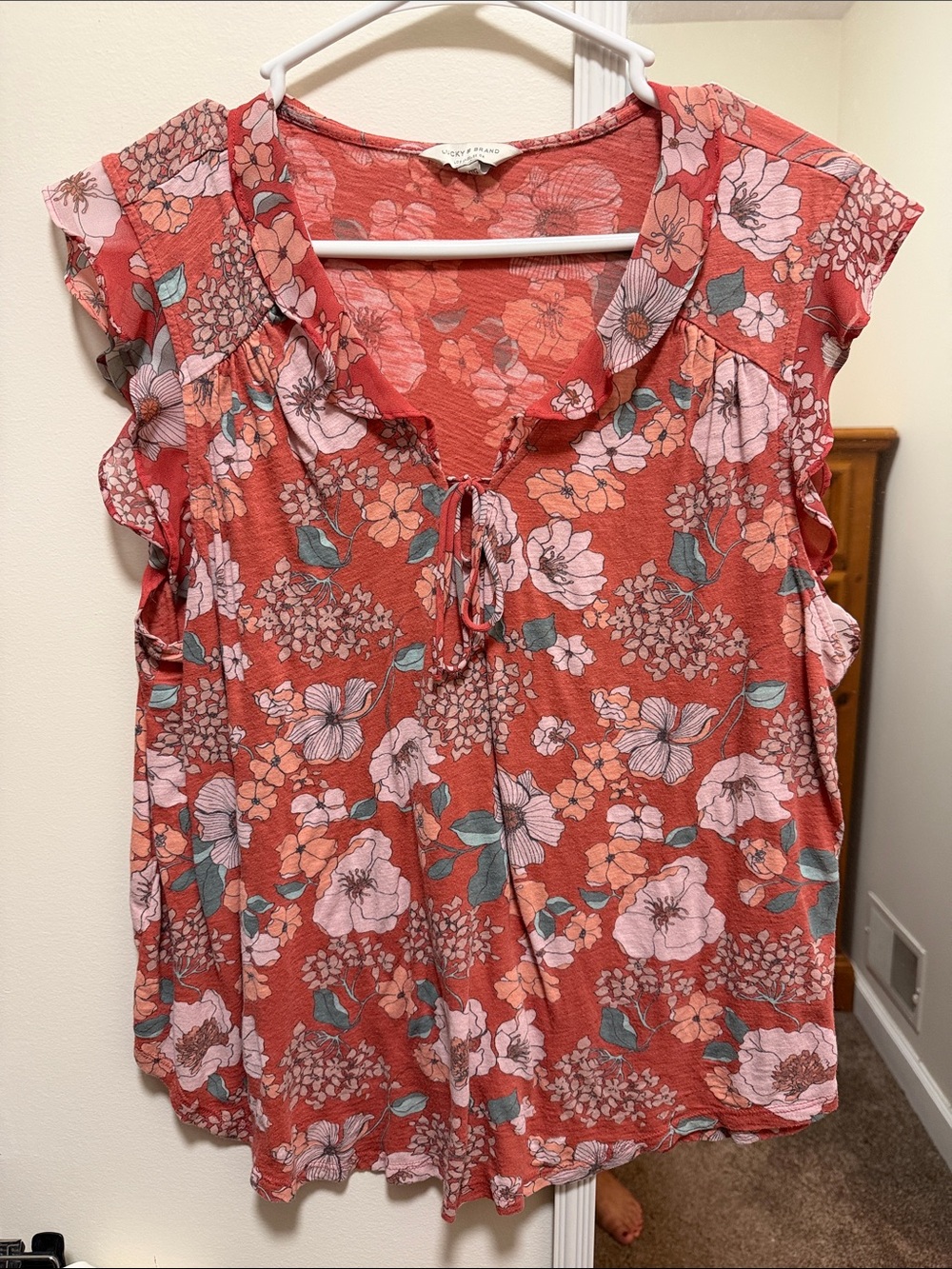 Lucky Brand Coral Floral Tie-Front Flutter Sleeve Blouse